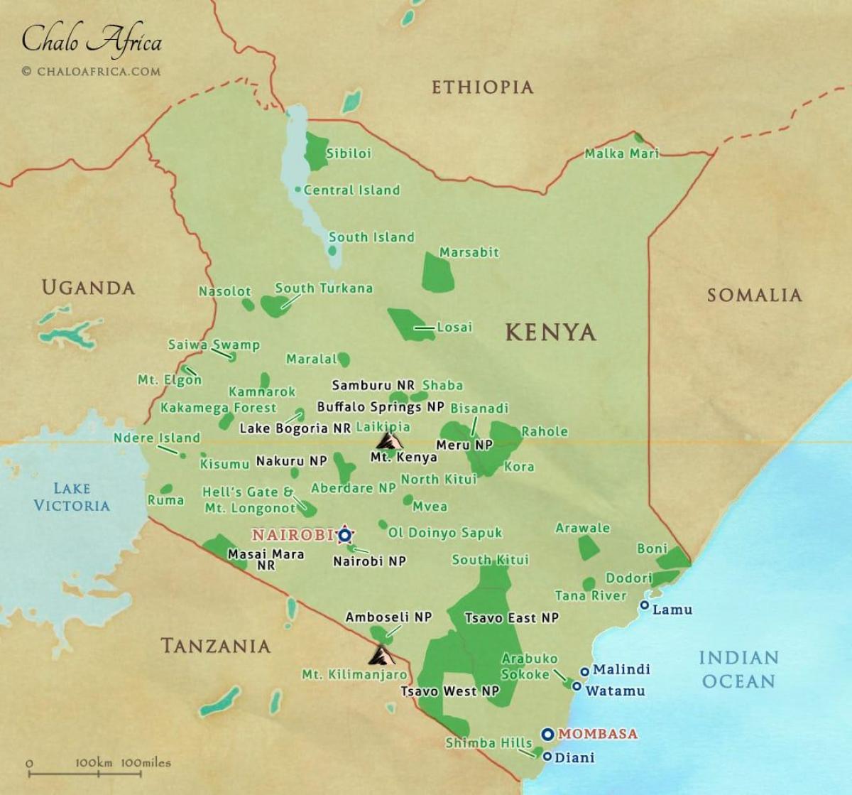 карта Кеніі нацыянальныя паркі і запаведнікі
